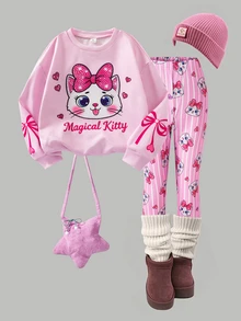 SHEIN Sparklyn Tween Girls Pink Magical Kitty Graphic Long Sleeve Sweatshirt & Striped Pants Set Fall Style - Pink - View 4