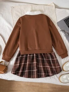 SHEIN Sparklyn Tween Girls Fall Outfits Fall Tops 2pcs/Set Black And White 2 In 1 Collared Top & Striped Plaid A-Line Mini Skirt Set - Brown - View 2