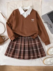 SHEIN Sparklyn Tween Girls Fall Outfits Fall Tops 2pcs/Set Black And White 2 In 1 Collared Top & Striped Plaid A-Line Mini Skirt Set - Brown - View 3