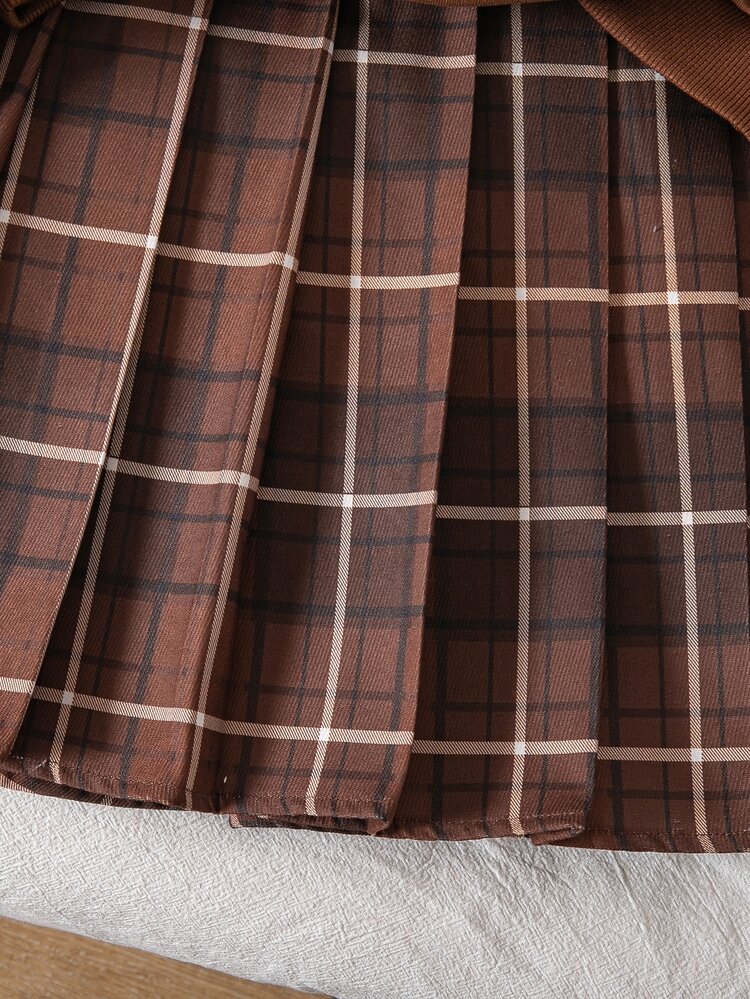SHEIN Sparklyn Tween Girls Fall Outfits Fall Tops 2pcs/Set Black And White 2 In 1 Collared Top & Striped Plaid A-Line Mini Skirt Set - Brown - View 8