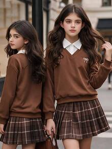 SHEIN Sparklyn Tween Girls Fall Outfits Fall Tops 2pcs/Set Black And White 2 In 1 Collared Top & Striped Plaid A-Line Mini Skirt Set - Brown - View 1