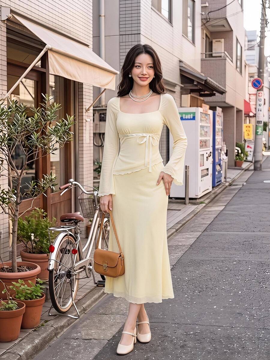 Skyraze 女款黃色兩件套:不對稱下擺上衣與低腰美人魚裙,飾有蝴蝶結 - 淡黃色 - 查看 1