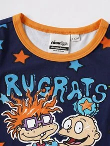 Nick 90s | SHEIN Baju Terusan Bayi Laki-Laki Motif Kartun Leher Bulat Lengan Pendek - Navy Blue - View 3