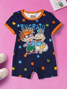 Nick 90s | SHEIN Baju Terusan Bayi Laki-Laki Motif Kartun Leher Bulat Lengan Pendek - Navy Blue - View 1