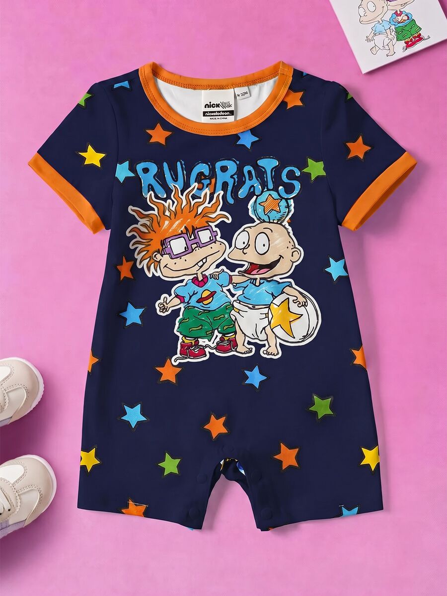 Nick 90s | SHEIN Baju Terusan Bayi Laki-Laki Motif Kartun Leher Bulat Lengan Pendek - Navy Blue - View 1