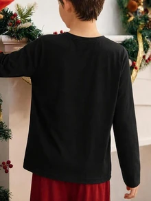 SHEIN 兒童青少年男孩休閒運動百搭綠色聖誕樹圖案圓領套頭黑色長袖T恤，百搭上衣，適合秋冬、學校、家庭聚會、開學季、生日派對、聖誕節 - 黑色 - 查看 3