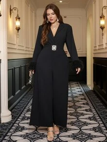 Reflora Plus Size Fall/ Fashion Elegant Rhinestone Jumpsuit Party Cocktail Formal Chic Unique Shiny Faux Fur Paneling Christmas Black - Black - View 5