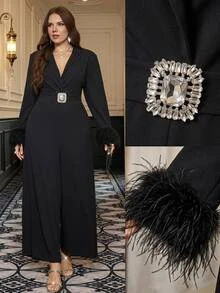 Reflora Plus Size Fall/ Fashion Elegant Rhinestone Jumpsuit Party Cocktail Formal Chic Unique Shiny Faux Fur Paneling Christmas Black - Black - View 8