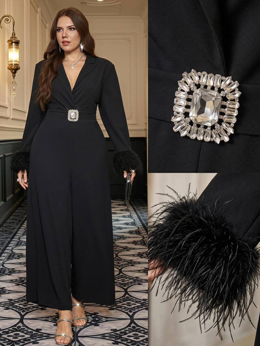 Reflora Plus Size Fall/ Fashion Elegant Rhinestone Jumpsuit Party Cocktail Formal Chic Unique Shiny Faux Fur Paneling Christmas Black - Black - View 1