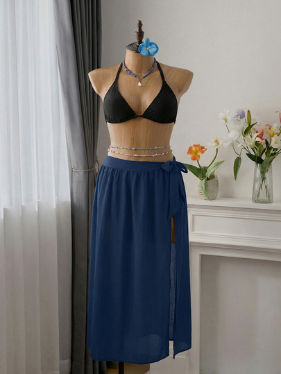 SHEIN Swim Conjunto de pareo y cubierta de traje de baño casual de vacaciones con moño para mujer de talla grande