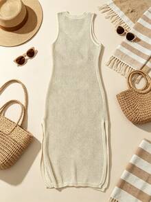 Ceyna Plus Size Autumn Peach Knitted Maxi Beach Vacation Dress,Sleeveless Fishnet Texture Boho Sommar Holiday French Minimalist Bikini Cover Up - Khaki - View 2