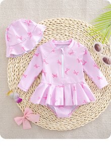 SHEIN Newborn Baby Girls' One-Piece Swimsuit, Cute Bow Tie Digital Print Polyester Fabric Long Sleeve Romper With Ruffles And Hat, Beach Swimwear - Pink - View 1