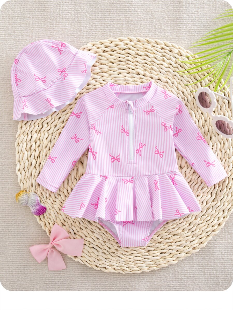 SHEIN Newborn Baby Girls' One-Piece Swimsuit, Cute Bow Tie Digital Print Polyester Fabric Long Sleeve Romper With Ruffles And Hat, Beach Swimwear - Pink - View 1