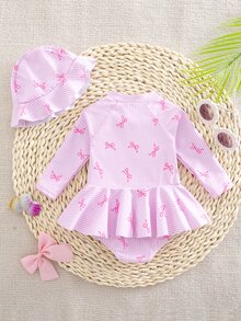 SHEIN Newborn Baby Girls' One-Piece Swimsuit, Cute Bow Tie Digital Print Polyester Fabric Long Sleeve Romper With Ruffles And Hat, Beach Swimwear - Pink - View 2