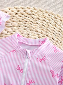 SHEIN Newborn Baby Girls' One-Piece Swimsuit, Cute Bow Tie Digital Print Polyester Fabric Long Sleeve Romper With Ruffles And Hat, Beach Swimwear - Pink - View 6