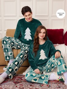 CoupledUp Christmas Holiday Atmosphere Plush Pajama Set, Vintage Plaid And Christmas Tree Print 2 Pieces Set - Green - View 1