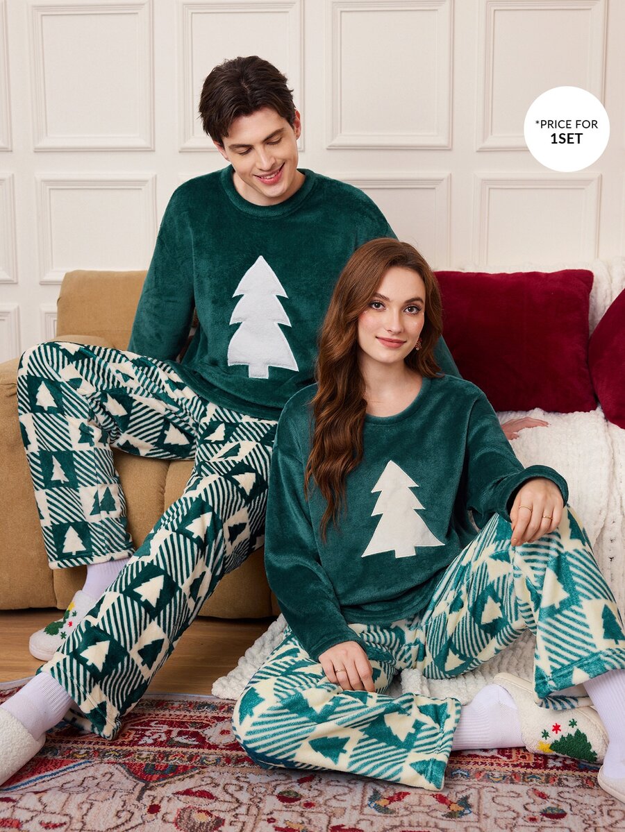 CoupledUp Christmas Holiday Atmosphere Plush Pajama Set, Vintage Plaid And Christmas Tree Print 2 Pieces Set - Green - View 1