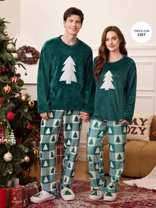 CoupledUp Christmas Holiday Atmosphere Plush Pajama Set, Vintage Plaid And Christmas Tree Print 2 Pieces Set - Green - View 9