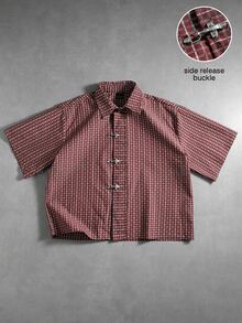 SUMWON Checked Boxy Short Sleeve Shirt With Metal Toggle Clasp Closures Point Collar Grid Pattern Button-Front Summer Holiday Top - Burgundy - View 1