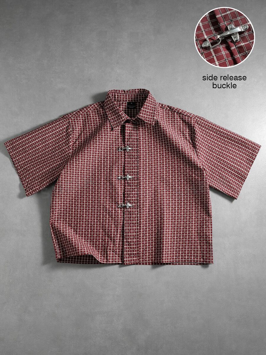 SUMWON Checked Boxy Short Sleeve Shirt With Metal Toggle Clasp Closures Point Collar Grid Pattern Button-Front Summer Holiday Top - Burgundy - View 1