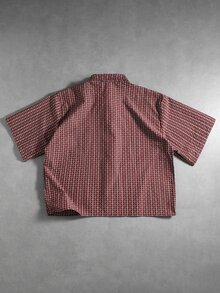 SUMWON Checked Boxy Short Sleeve Shirt With Metal Toggle Clasp Closures Point Collar Grid Pattern Button-Front Summer Holiday Top - Burgundy - View 3