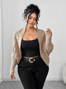 Elenzga Elegant Casual Fashion Rhombus Pattern Cape Cardigan, Plus Size Autumn Formal Office Khaki - Khaki - View 6