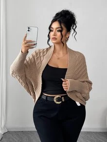 Elenzga Elegant Casual Fashion Rhombus Pattern Cape Cardigan, Plus Size Autumn Formal Office Khaki - Khaki - View 7