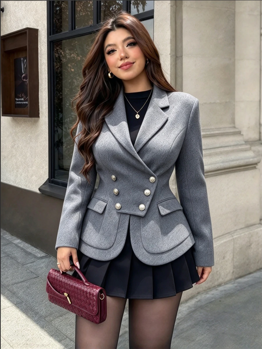 Vionelle Plus Size Women's Grey Wool Fabric Button Design Waist-Cinching Slimming Elegant Casual Noble Lady Commute Evening Office Daily Shopping Fall Overcoat - Light Grey - View 1