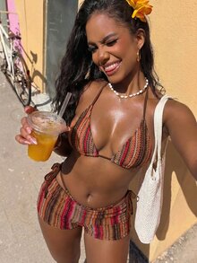 SHEIN Swim 夏季新款紋理布料老錢風多色性感側綁帶高衩三角杯比基尼短褲女款泳衣套裝 - 彩色 - 查看 3