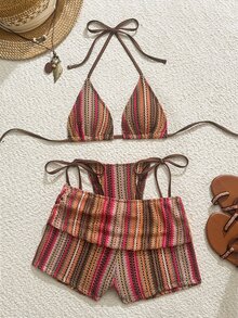 SHEIN Swim 夏季新款紋理布料老錢風多色性感側綁帶高衩三角杯比基尼短褲女款泳衣套裝 - 彩色 - 查看 2