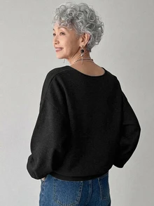 FRIFUL 女款韓式純色針織毛衣，適合中老年，秋季穿搭 - 黑色 - 查看 2