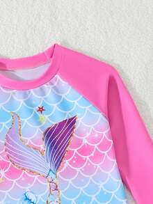 Young Girls Mermaid Print Tankini Set, Watermelon Ombre Gradient Scales Pattern, Sleeves, Shorts, Swimming, Summer Vacation, Beach - Multicolor - View 4