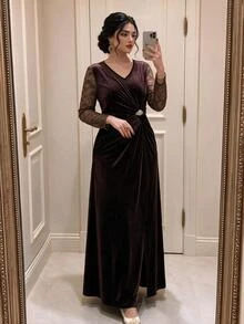 Modelyn Plus Size Women's V-Neck Contrast Lace Long Sleeve Pleated Elegant Dress - Coffee Brown - View 2