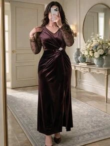 Modelyn Plus Size Women's V-Neck Contrast Lace Long Sleeve Pleated Elegant Dress - Coffee Brown - View 1