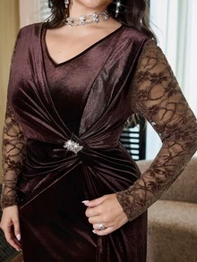 Modelyn Plus Size Women's V-Neck Contrast Lace Long Sleeve Pleated Elegant Dress - Coffee Brown - View 6