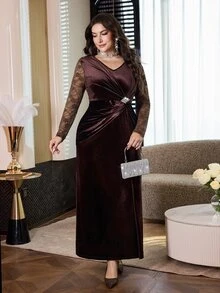 Modelyn Plus Size Women's V-Neck Contrast Lace Long Sleeve Pleated Elegant Dress - Coffee Brown - View 5