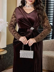 Modelyn Plus Size Women's V-Neck Contrast Lace Long Sleeve Pleated Elegant Dress - Coffee Brown - View 4