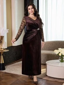 Modelyn Plus Size Women's V-Neck Contrast Lace Long Sleeve Pleated Elegant Dress - Coffee Brown - View 9