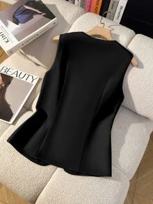 GlowEve 女款純色單排扣圓領休閒優雅/職場商務辦公背心襯衫 黑色 夏季 - 黑色 - 查看 2