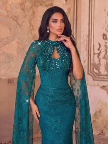 Serin Elegant Luxurious Blue Sequin Lace Inlaid Bubble Knit Ruched Mermaid Skirt With Detachable Sleeves, Suitable For Wedding, Party, Bachelorette, Vacation, Ball, Evening Gala (Heavy Workmanship Style) - Green - View 8