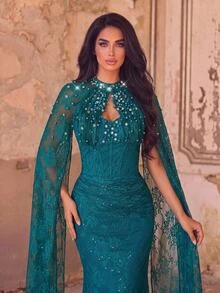 Serin Elegant Luxurious Blue Sequin Lace Inlaid Bubble Knit Ruched Mermaid Skirt With Detachable Sleeves, Suitable For Wedding, Party, Bachelorette, Vacation, Ball, Evening Gala (Heavy Workmanship Style) - Green - View 1