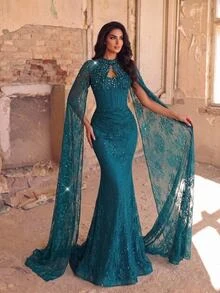 Serin Elegant Luxurious Blue Sequin Lace Inlaid Bubble Knit Ruched Mermaid Skirt With Detachable Sleeves, Suitable For Wedding, Party, Bachelorette, Vacation, Ball, Evening Gala (Heavy Workmanship Style) - Green - View 7