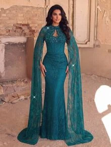 Serin Elegant Luxurious Blue Sequin Lace Inlaid Bubble Knit Ruched Mermaid Skirt With Detachable Sleeves, Suitable For Wedding, Party, Bachelorette, Vacation, Ball, Evening Gala (Heavy Workmanship Style) - Green - View 6