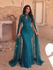 Serin Elegant Luxurious Blue Sequin Lace Inlaid Bubble Knit Ruched Mermaid Skirt With Detachable Sleeves, Suitable For Wedding, Party, Bachelorette, Vacation, Ball, Evening Gala (Heavy Workmanship Style) - Green - View 5