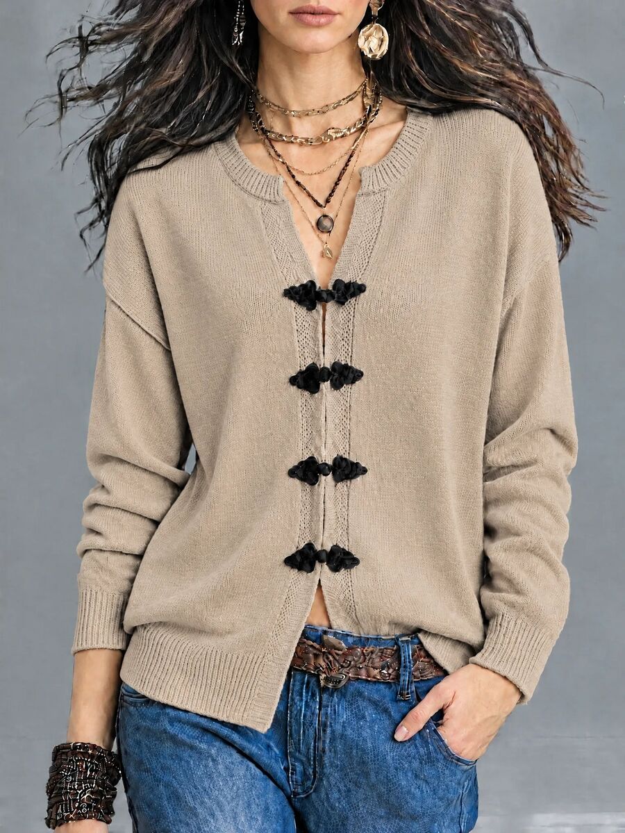 SHEIN LUNE Áo len nữ thời trang phong cách Trung Quốc, trang trí nút ếch, xẻ tà gấu áo