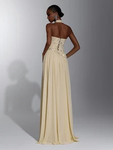 Elitara Elegant Minimalist Sequin Embroidered Chiffon Applique Stand Collar Asymmetric Ruched Train Maxi Dress For Wedding Guest Prom Cocktail Evening Gown - Apricot - View 3