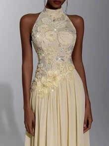 Elitara Elegant Minimalist Sequin Embroidered Chiffon Applique Stand Collar Asymmetric Ruched Train Maxi Dress For Wedding Guest Prom Cocktail Evening Gown - Apricot - View 1