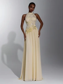 Elitara Elegant Minimalist Sequin Embroidered Chiffon Applique Stand Collar Asymmetric Ruched Train Maxi Dress For Wedding Guest Prom Cocktail Evening Gown - Apricot - View 7