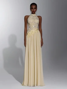 Elitara Elegant Minimalist Sequin Embroidered Chiffon Applique Stand Collar Asymmetric Ruched Train Maxi Dress For Wedding Guest Prom Cocktail Evening Gown - Apricot - View 2