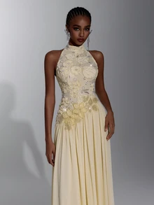 Elitara Elegant Minimalist Sequin Embroidered Chiffon Applique Stand Collar Asymmetric Ruched Train Maxi Dress For Wedding Guest Prom Cocktail Evening Gown - Apricot - View 4